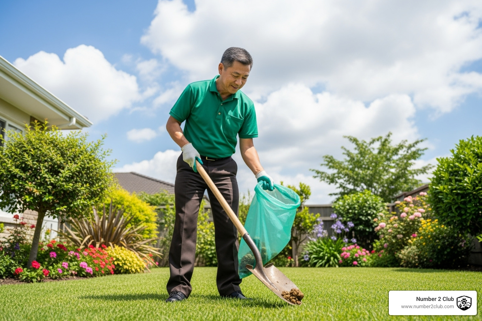 uniformed technician cleaning yard - pet poop cleaning services