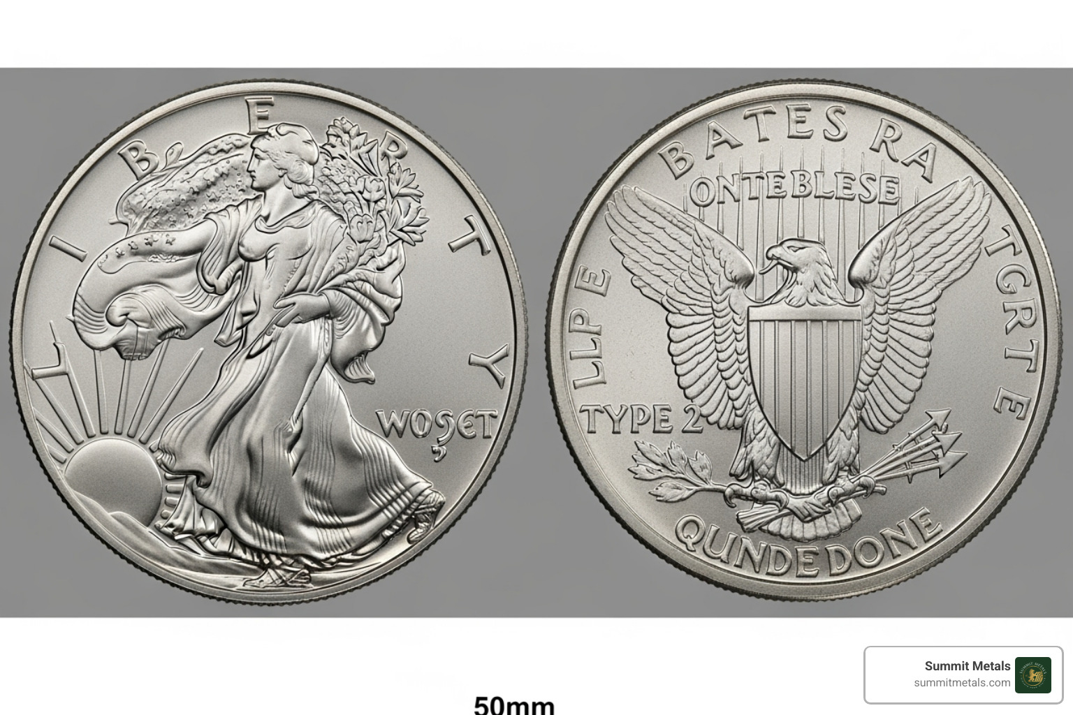 showing the obverse and reverse of a Type 2 American Silver Eagle - liberty 1 oz fine silver one dollar