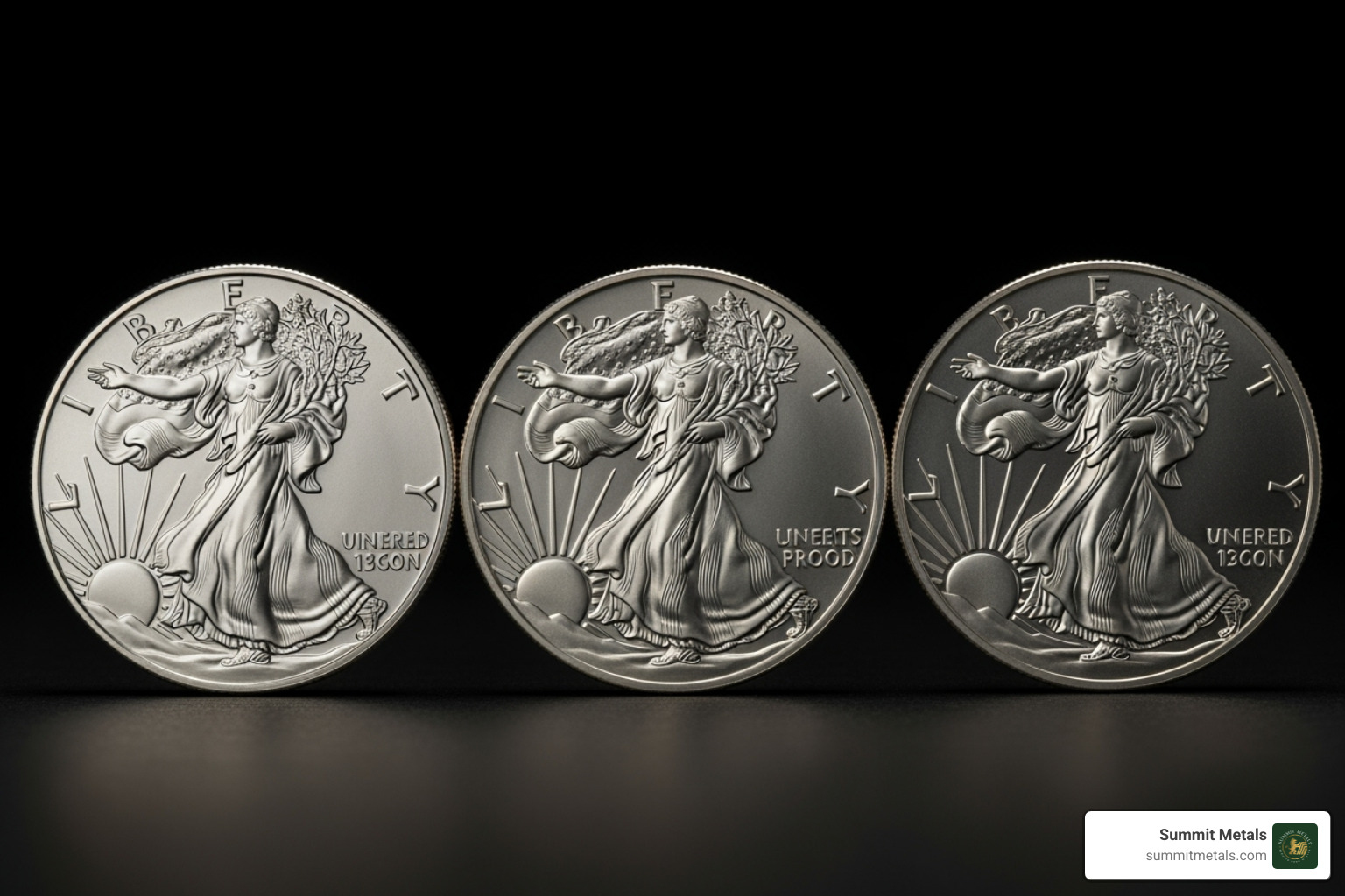 three Silver Eagles showcasing the different finishes: bullion, proof, and burnished - silver eagle bullion coin