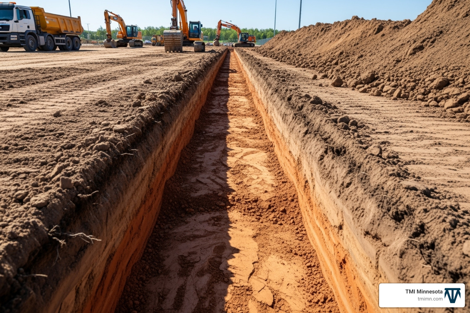 A construction site where a trench has been dug, showing the layers of soil and prepared subgrade for artificial turf installation - foreverturf installation A construction site where a trench has been dug, showing the layers of soil and prepared subgrade for artificial turf installation - foreverturf installation