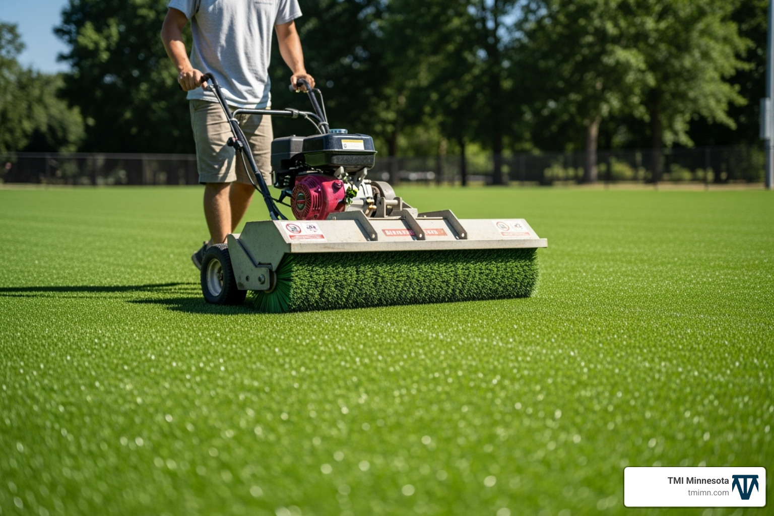 A person operating a power broom over newly installed artificial turf, helping to settle the infill and lift the turf blades - foreverturf installation A person operating a power broom over newly installed artificial turf, helping to settle the infill and lift the turf blades - foreverturf installation