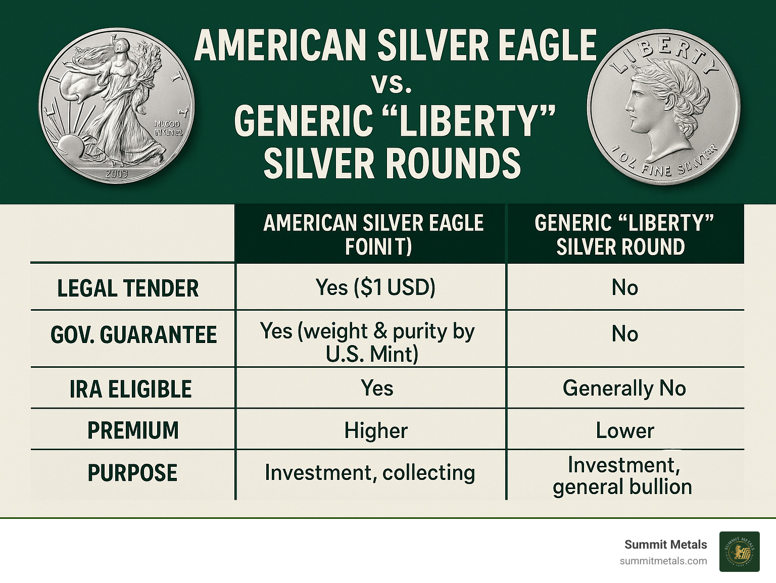 Infographic comparing key features of American Silver Eagle vs. Generic Liberty Silver Rounds, including legal tender status, government guarantee, IRA eligibility, premium, and primary purpose. - liberty 1 oz fine silver one dollar infographic 