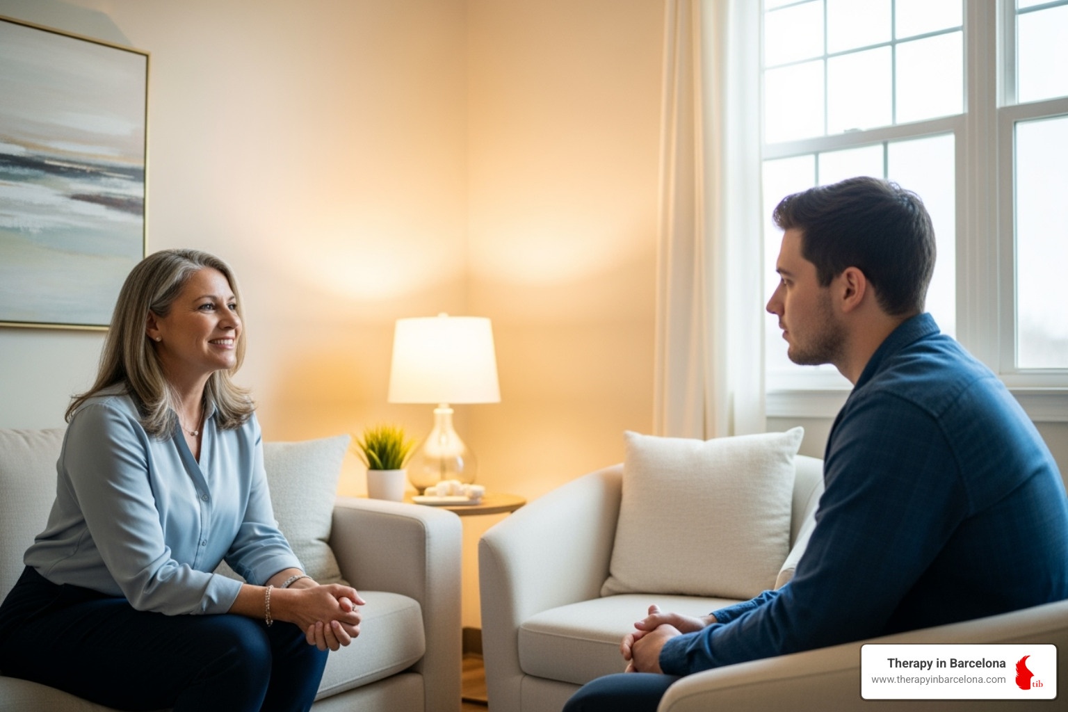 Two people talking in a warm, comfortable therapy setting - third culture kid therapy Two people talking in a warm, comfortable therapy setting - third culture kid therapy