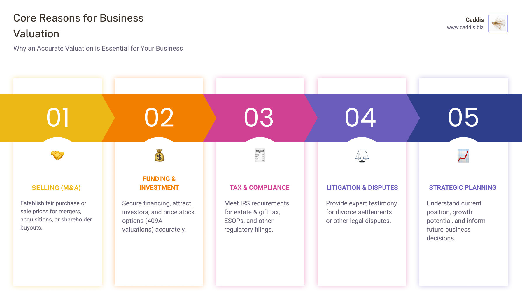 Infographic showing the core reasons for getting a business valuation: Selling (M&A transactions), Funding (investor requirements), Tax (estate and gift planning), Litigation (expert testimony), and Planning (strategic decisions) - business valuation companies infographic pillar-5-steps