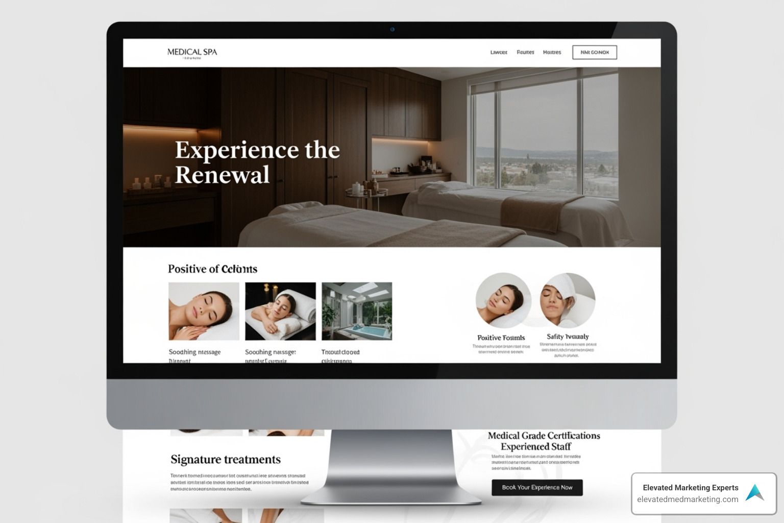 An effective med spa landing page with a clear headline, compelling imagery, trust indicators like testimonials and certifications, a concise description of services, and a prominent, easy-to-find call-to-action button for booking a consultation or appointment. - medical spa ppc