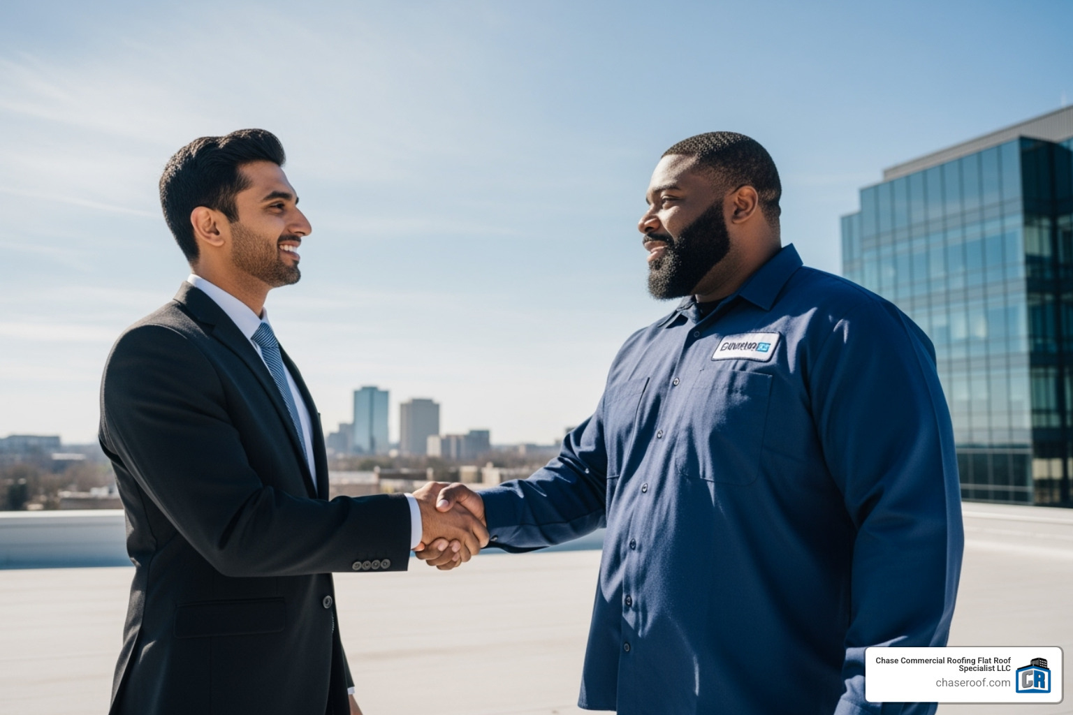 of a business owner shaking hands with a uniformed, professional roofing contractor. - commercial roof installers near me