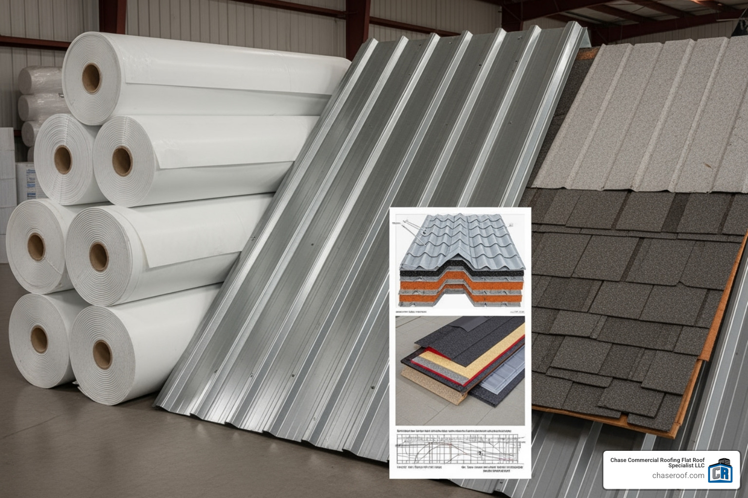 of different commercial roofing materials like TPO rolls, metal panels, and a built-up roof section. - commercial roof installers near me