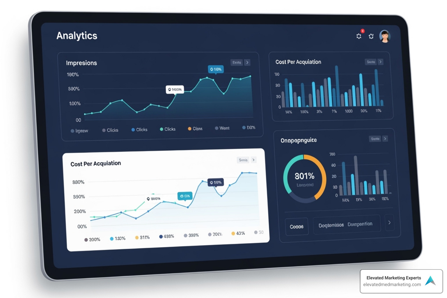 An analytics report showing key PPC metrics such as impressions, clicks, click-through rate (CTR), cost per click (CPC), conversions, conversion rate, and cost per acquisition (CPA) over a specified time period. - medical spa ppc