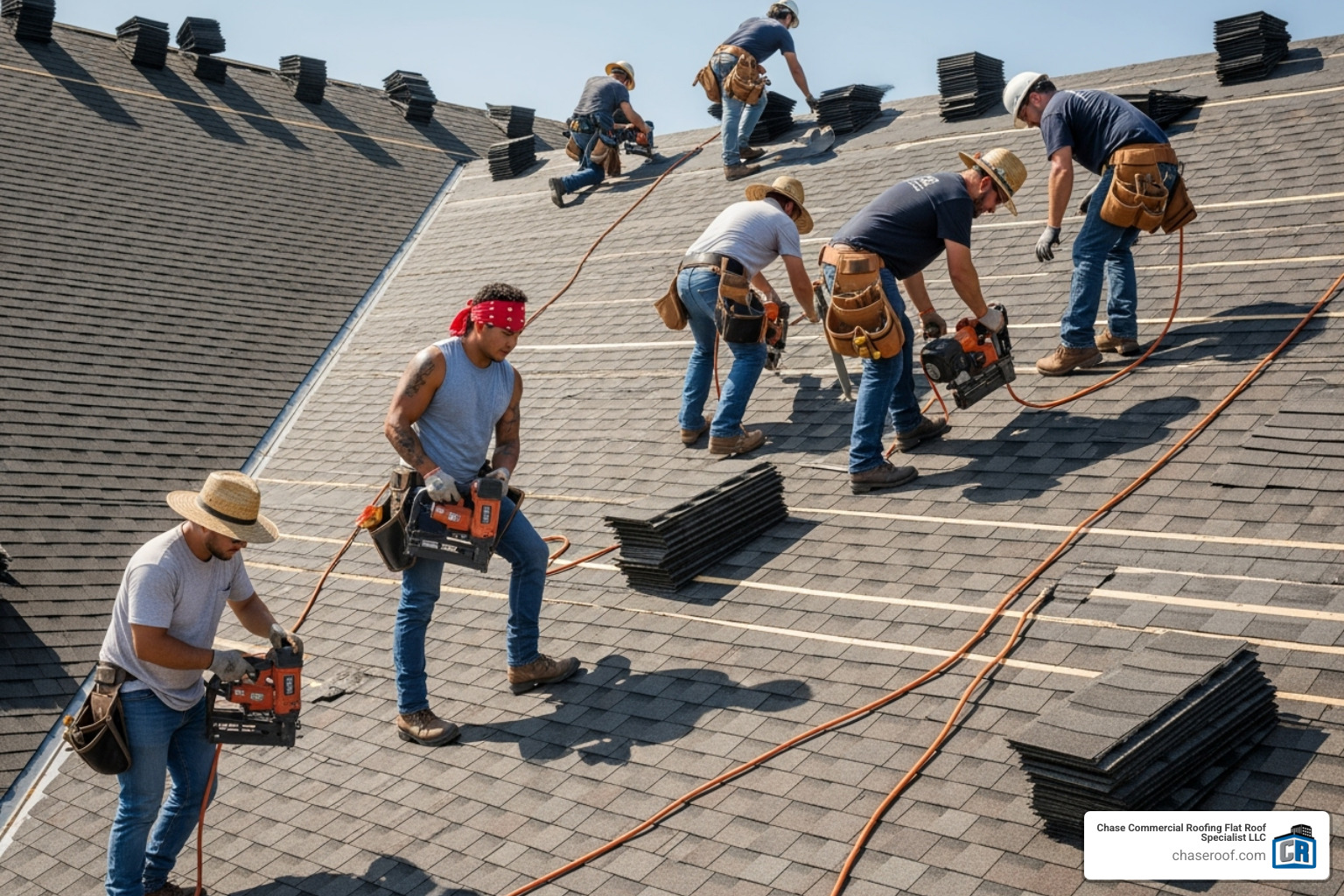 of a roofing crew working in unison on a large commercial roof. - commercial roof installers near me