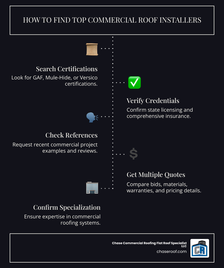 Infographic showing the key steps to find commercial roof installers: 1) Search for certified contractors with manufacturer certifications, 2) Verify proper licensing and insurance coverage, 3) Check references from recent commercial projects, 4) Compare multiple detailed quotes, 5) Confirm specialization in commercial roofing systems - commercial roof installers near me infographic infographic-line-5-steps-dark