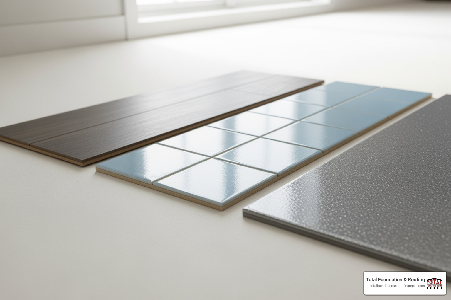 Different waterproof basement flooring samples, including luxury vinyl plank, ceramic tile, and a swatch of epoxy coating - basement contractors near me