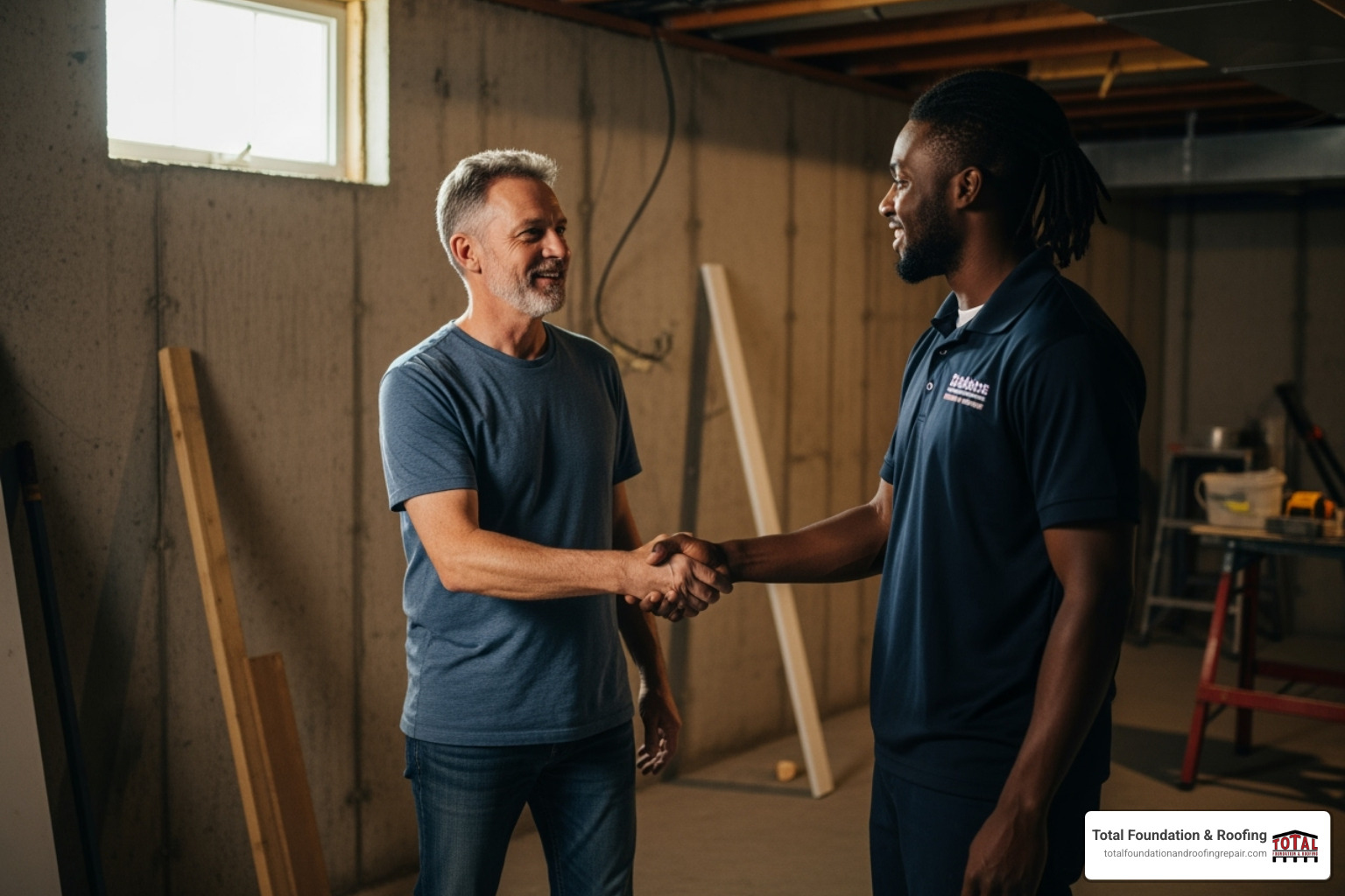 Homeowner smiling and shaking hands with a uniformed contractor in a basement - basement contractors near me