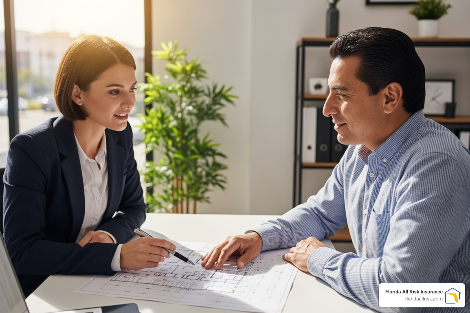 An insurance agent consulting with a business owner over a blueprint of a commercial property - hazard insurance for commercial property
