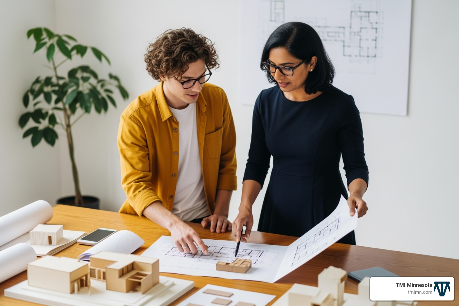 design team collaborating over architectural plans and 3D models - commercial landscape architects