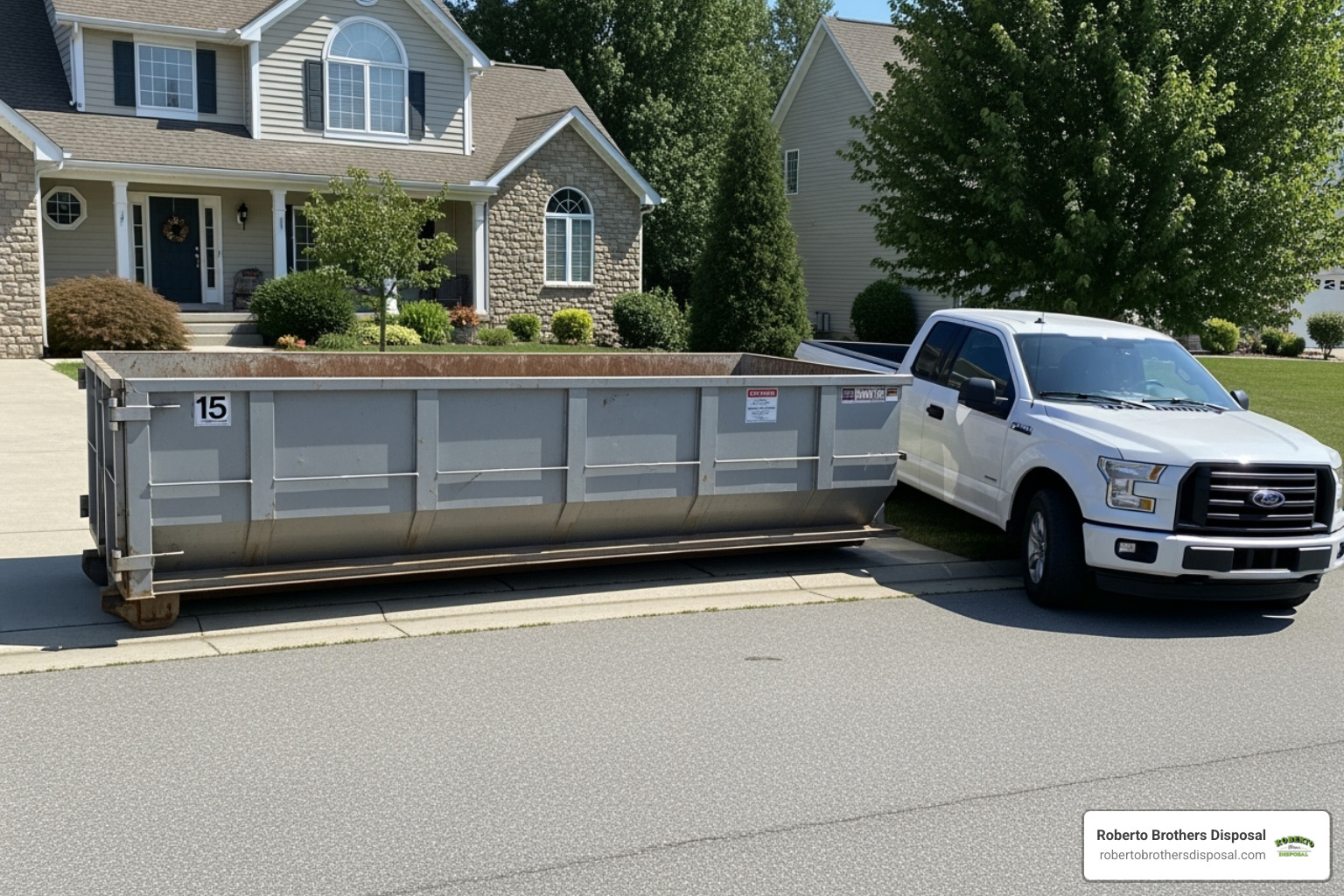 15-yard dumpster next to a standard pickup truck for scale - 15 yard dumpster rental prices