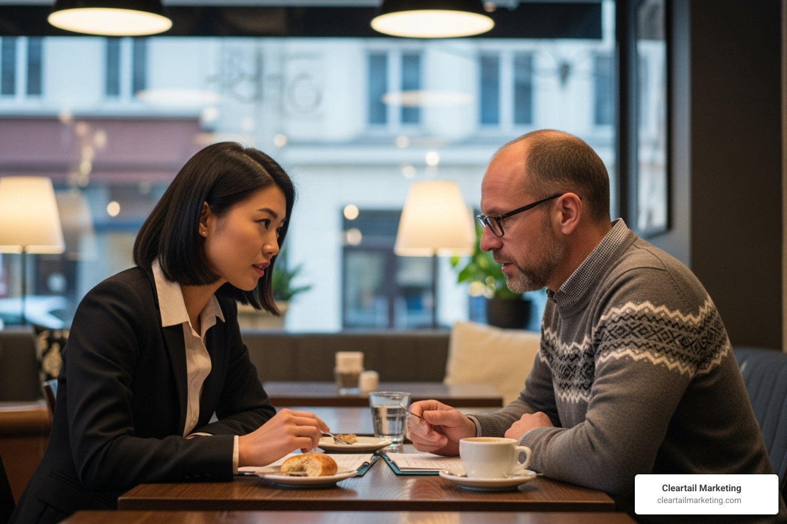 Face-to-face meeting between a business owner and a marketing strategist in a local coffee shop - marketing company near me