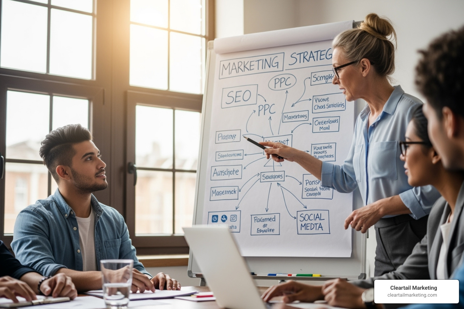Marketing strategy session with digital channels like SEO, PPC, and Social Media mapped out - marketing company near me