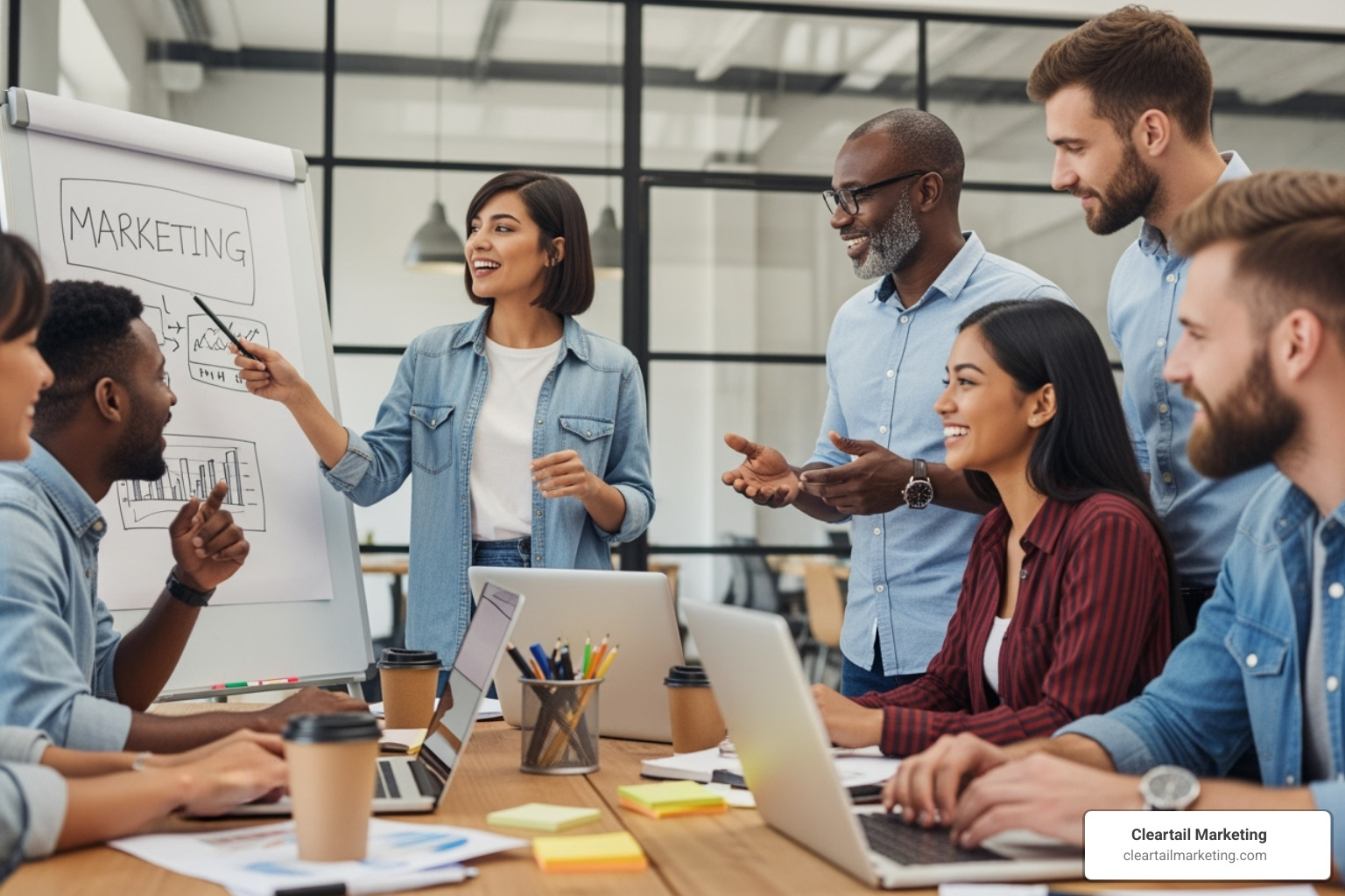 Diverse marketing team collaborating successfully on a project - marketing company near me