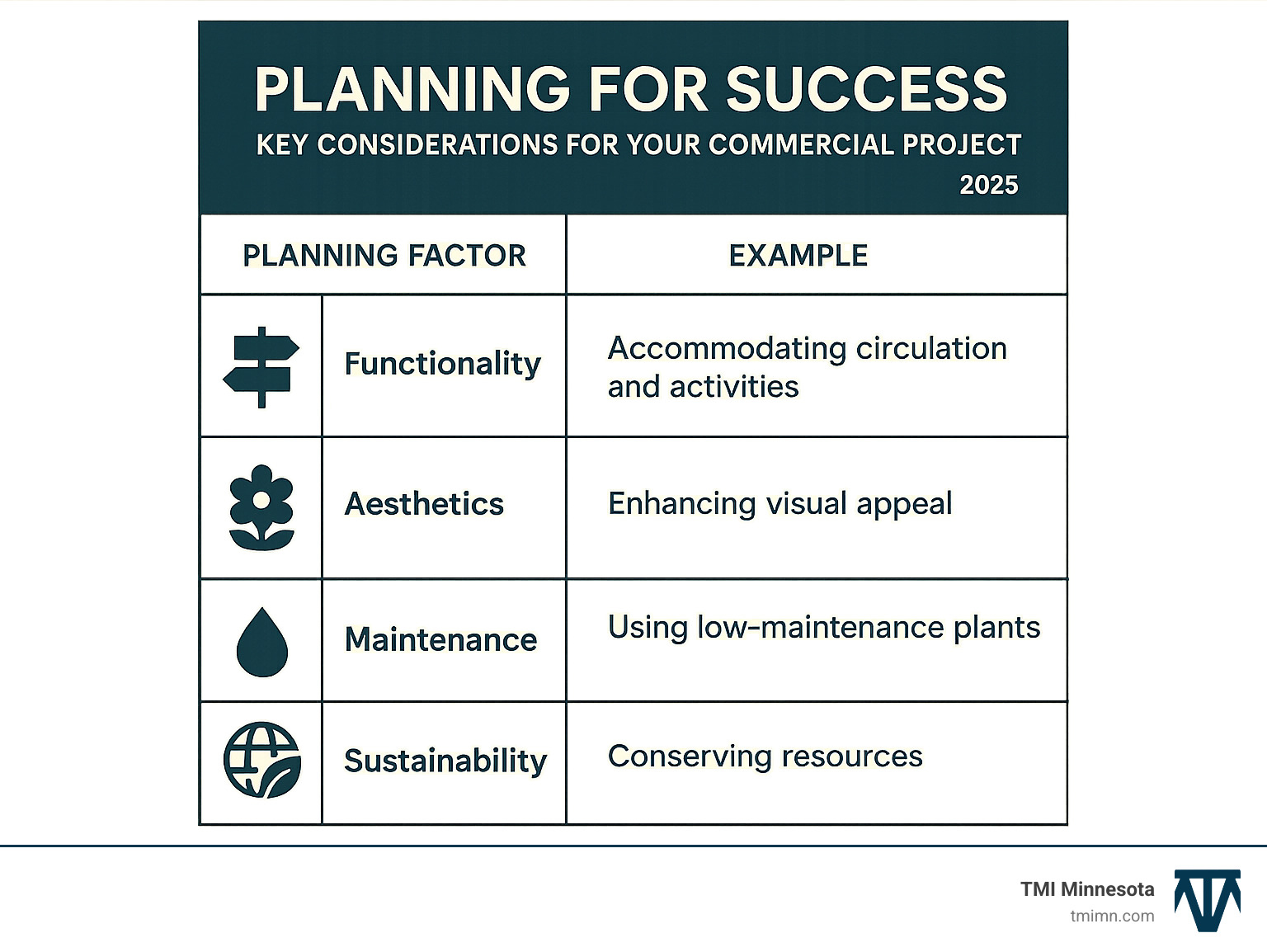 table comparing key planning factors like Functionality, Aesthetics, Maintenance, and Sustainability with examples for each - commercial landscape architects infographic 