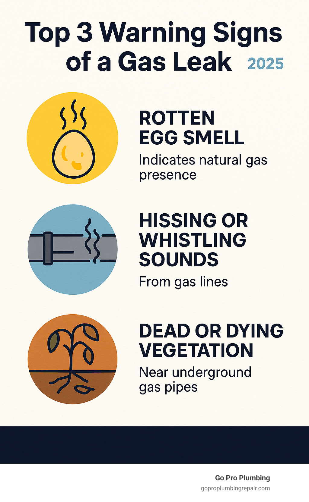 Infographic showing the top 3 warning signs of a gas leak: rotten egg smell indicating natural gas presence, hissing or whistling sounds from gas lines, and dead or dying vegetation near underground gas pipes - certified gas technician near me infographic 