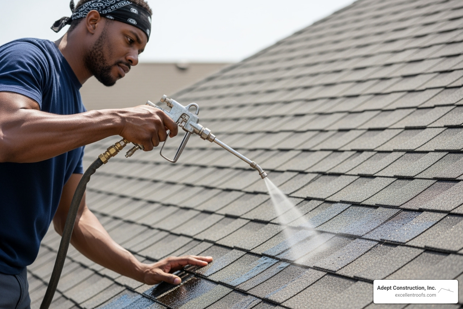 Roofing professional applying a restoration treatment to an asphalt shingle roof - roof restoration downers grove