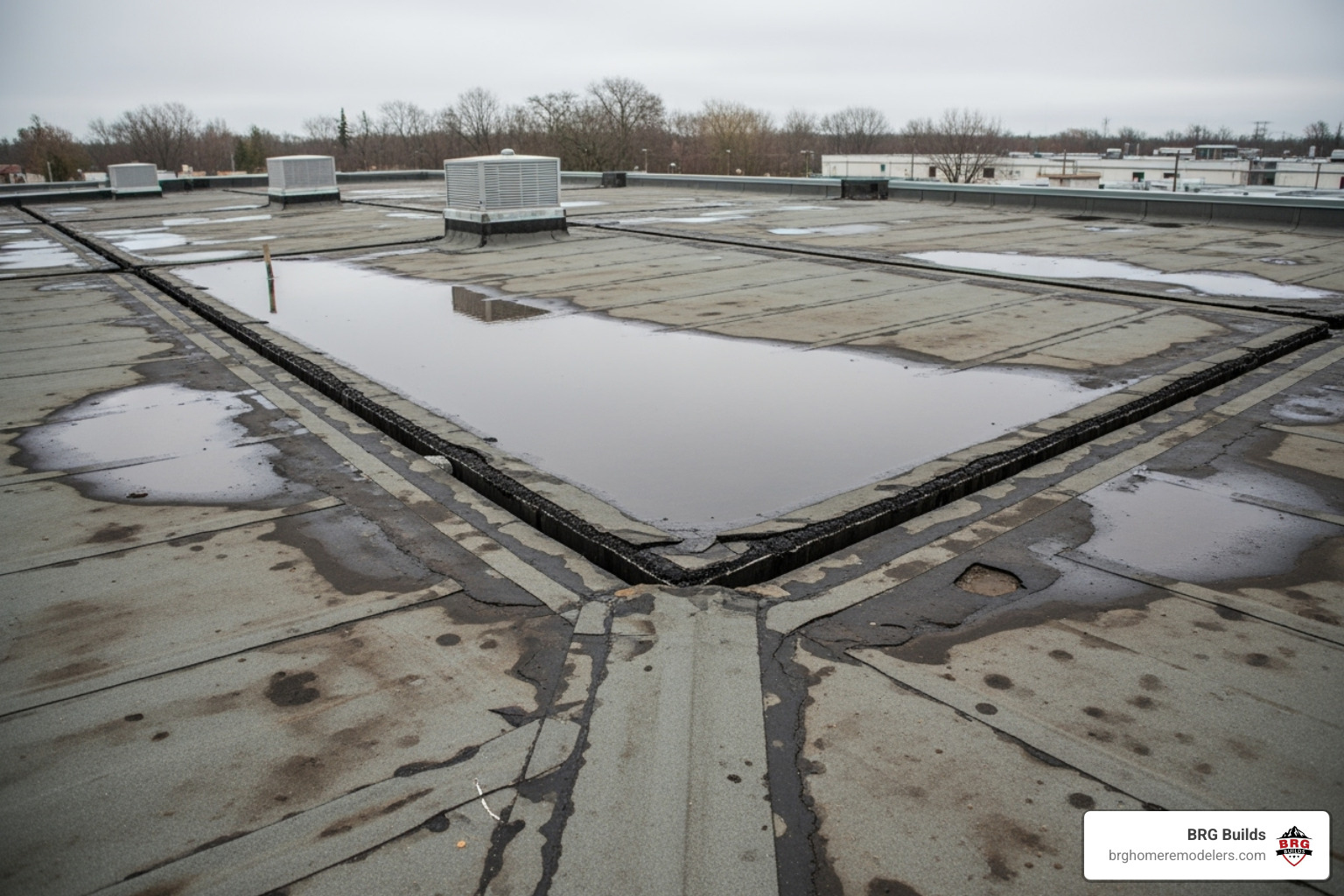 Damaged commercial roof showing ponding water and cracked seams - commercial roof inspection services Damaged commercial roof showing ponding water and cracked seams - commercial roof inspection services