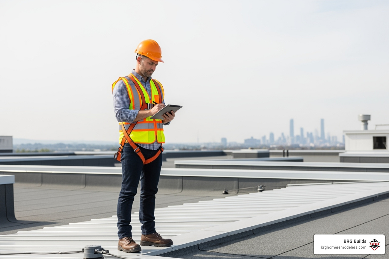 Inspector taking notes on a tablet while on a commercial roof - commercial roof inspection services Inspector taking notes on a tablet while on a commercial roof - commercial roof inspection services