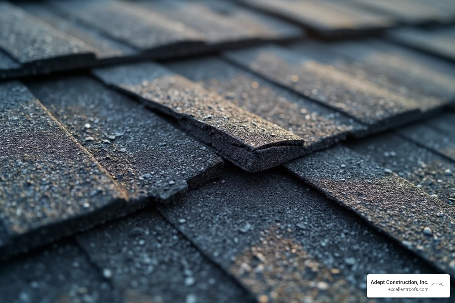 Close-up of curling and granule-losing asphalt shingles - roof restoration downers grove
