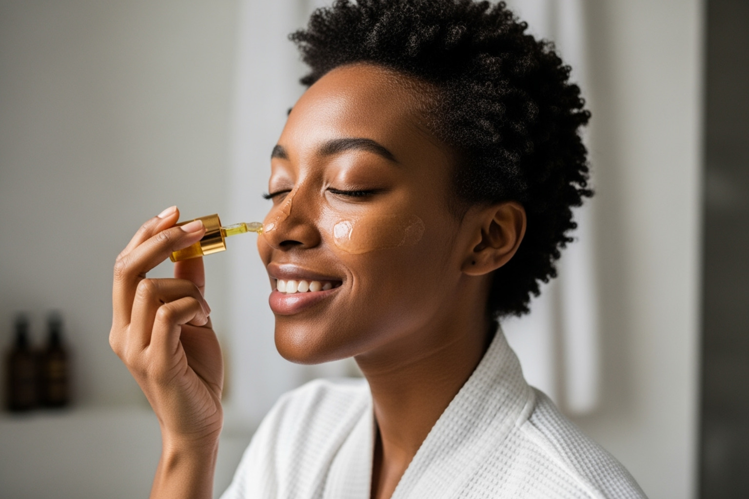 A person smiling serenely while applying a facial product, symbolizing inner peace and outer glow achieved through mindful beauty. - mindful beauty routines