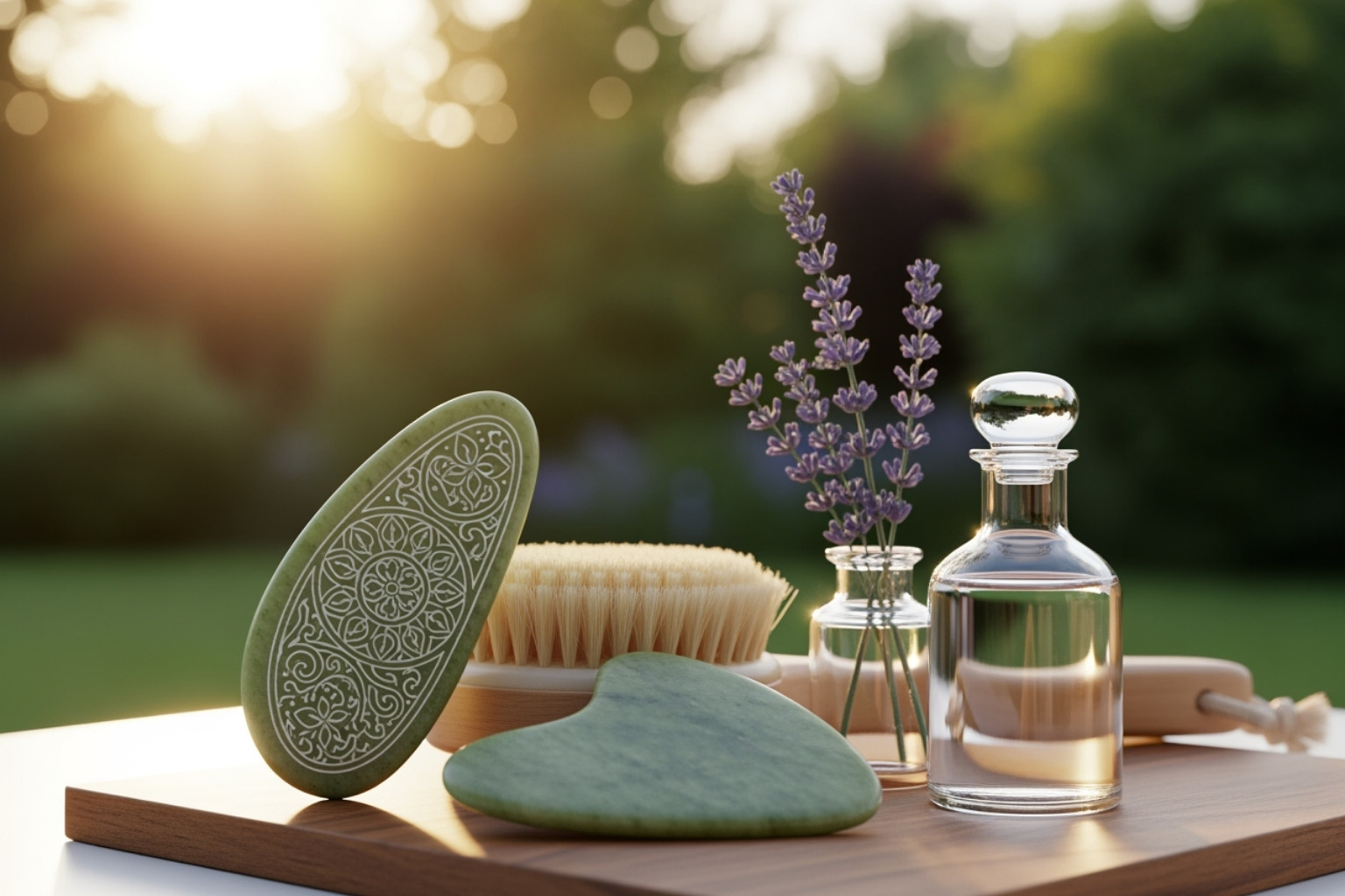 A collection of mindful beauty tools such as a Gua Sha, dry brush, and Beyond Beauty Lab essential oil - mindful beauty routines