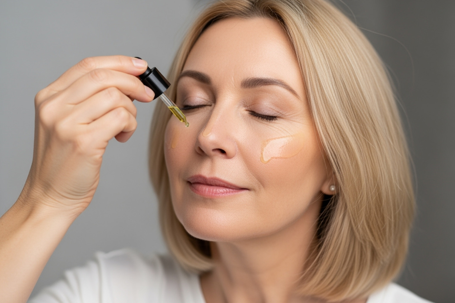 A person mindfully applying Beyond Beauty Lab face oil, looking calm and present - mindful beauty routines