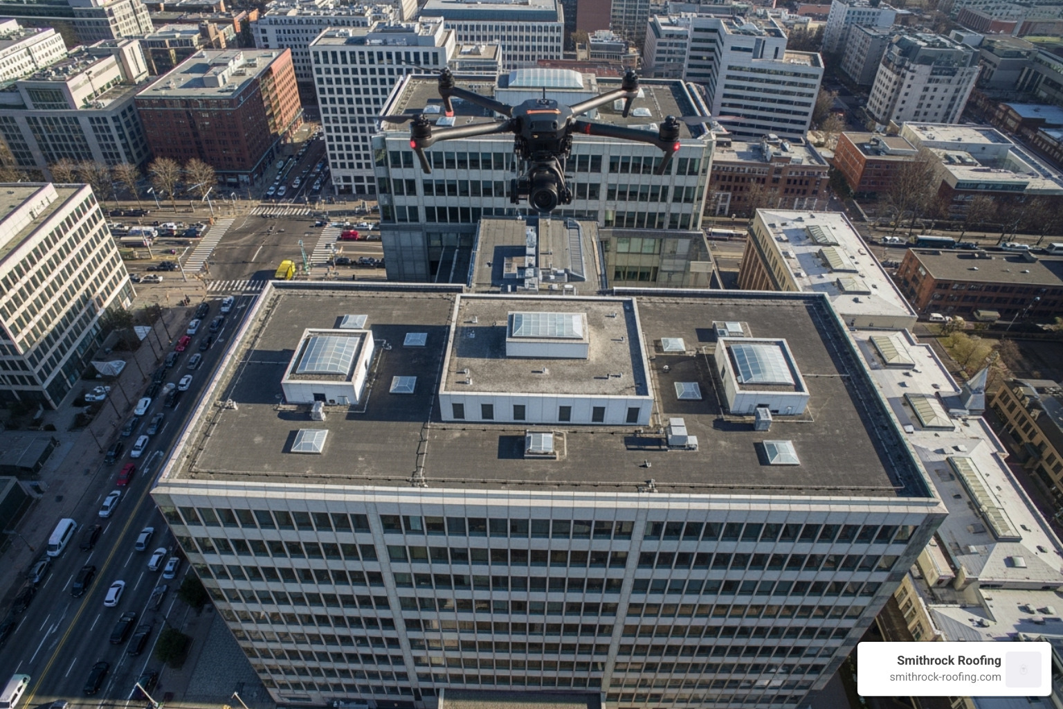 drone flying over commercial building - commercial roof inspections