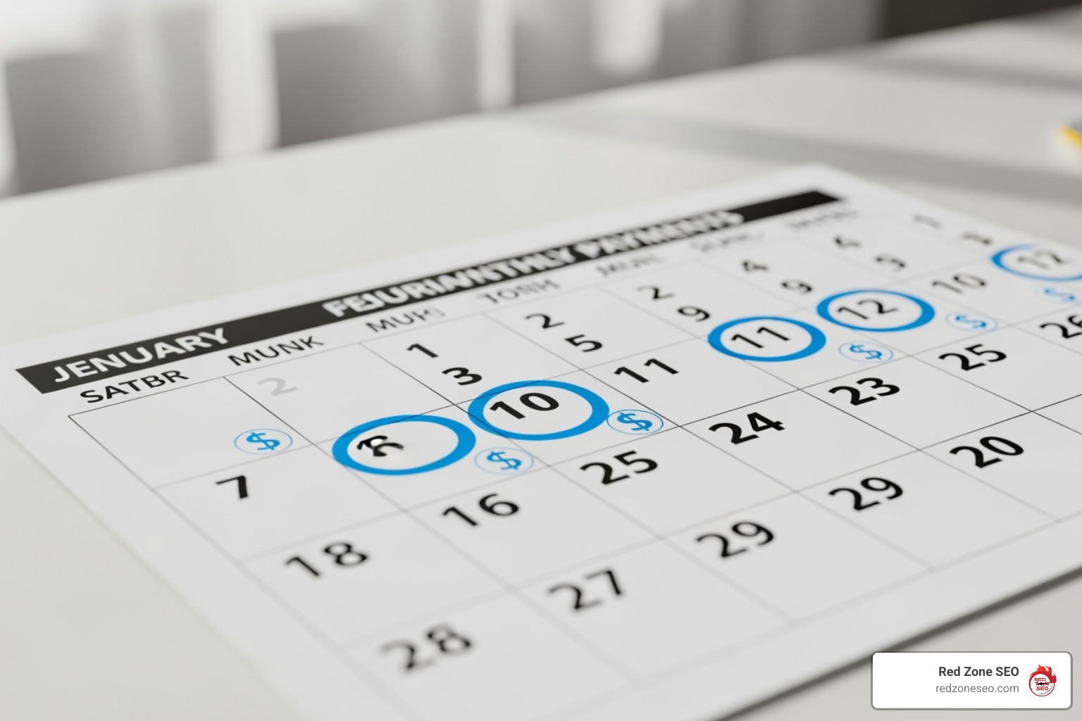 Calendar with recurring monthly payments marked for SEO - seo packages pricing