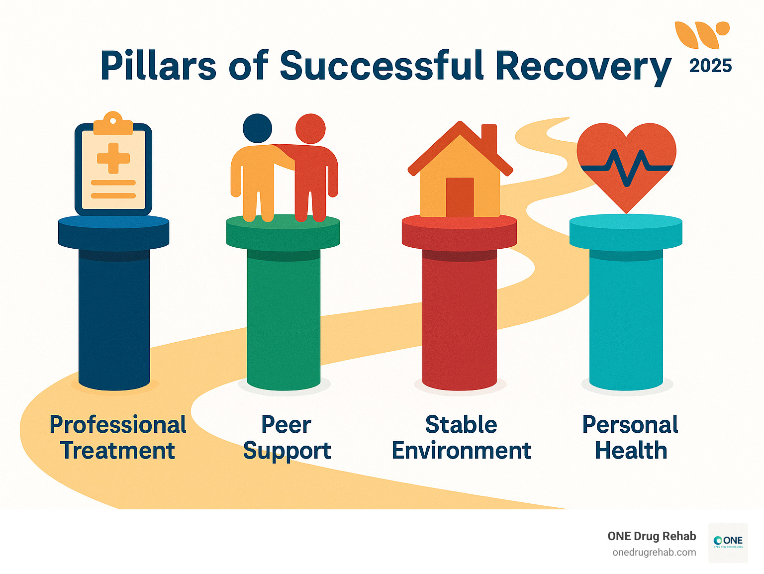 Infographic illustrating the pillars of successful recovery: professional treatment, peer support, stable environment, and personal health - addiction recovery success rates infographic 