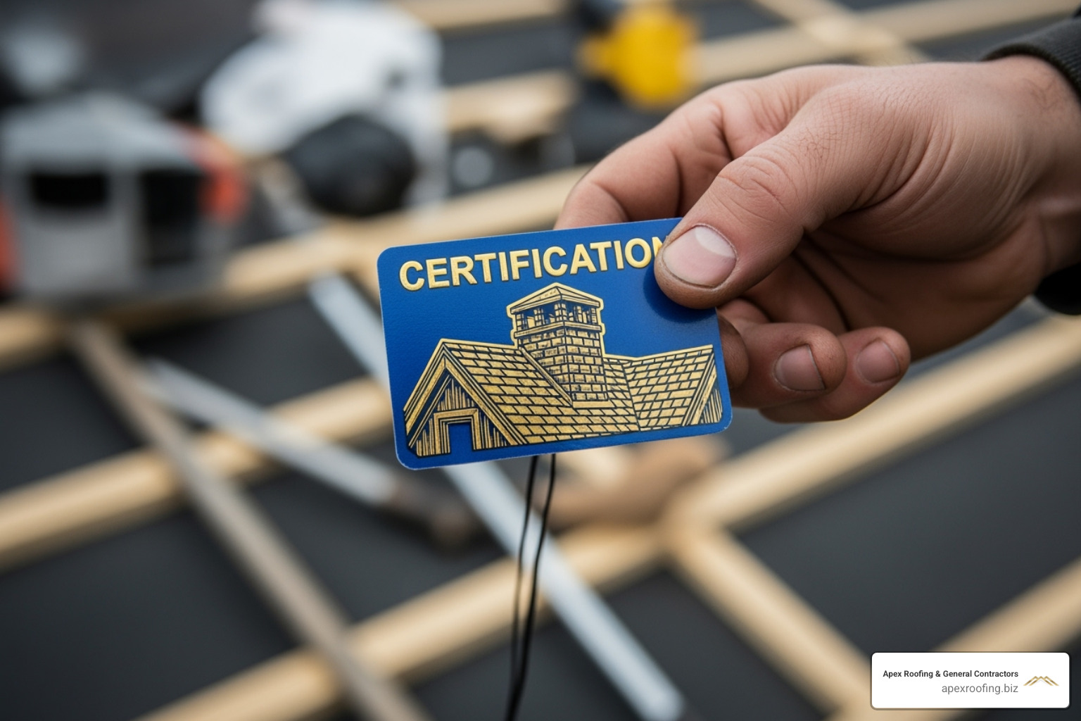 close-up on a roofer's certification badge - certified roof inspector San Antonio