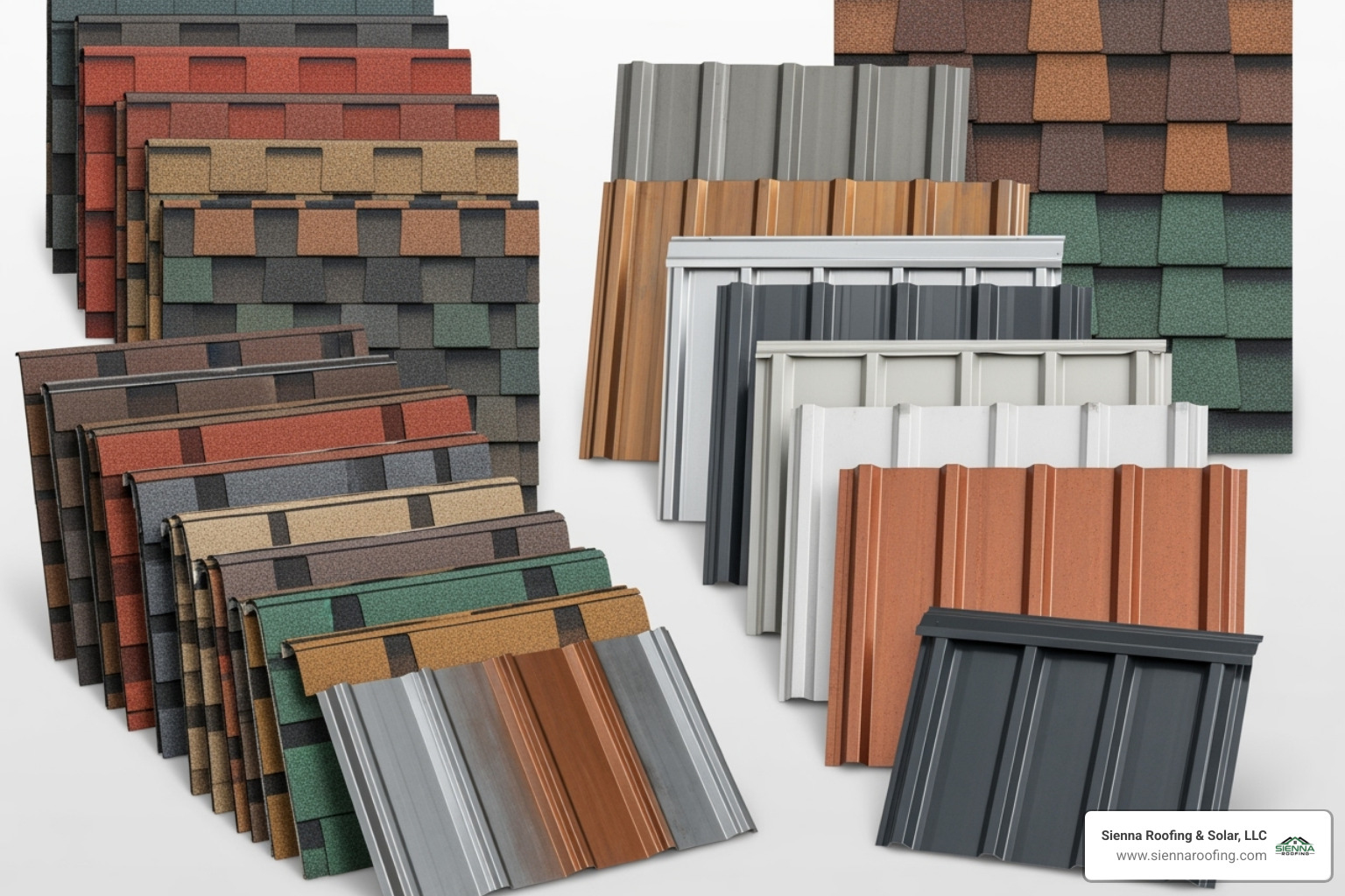 different roofing material samples like asphalt shingles and metal - sugar land storm roof damage replacement