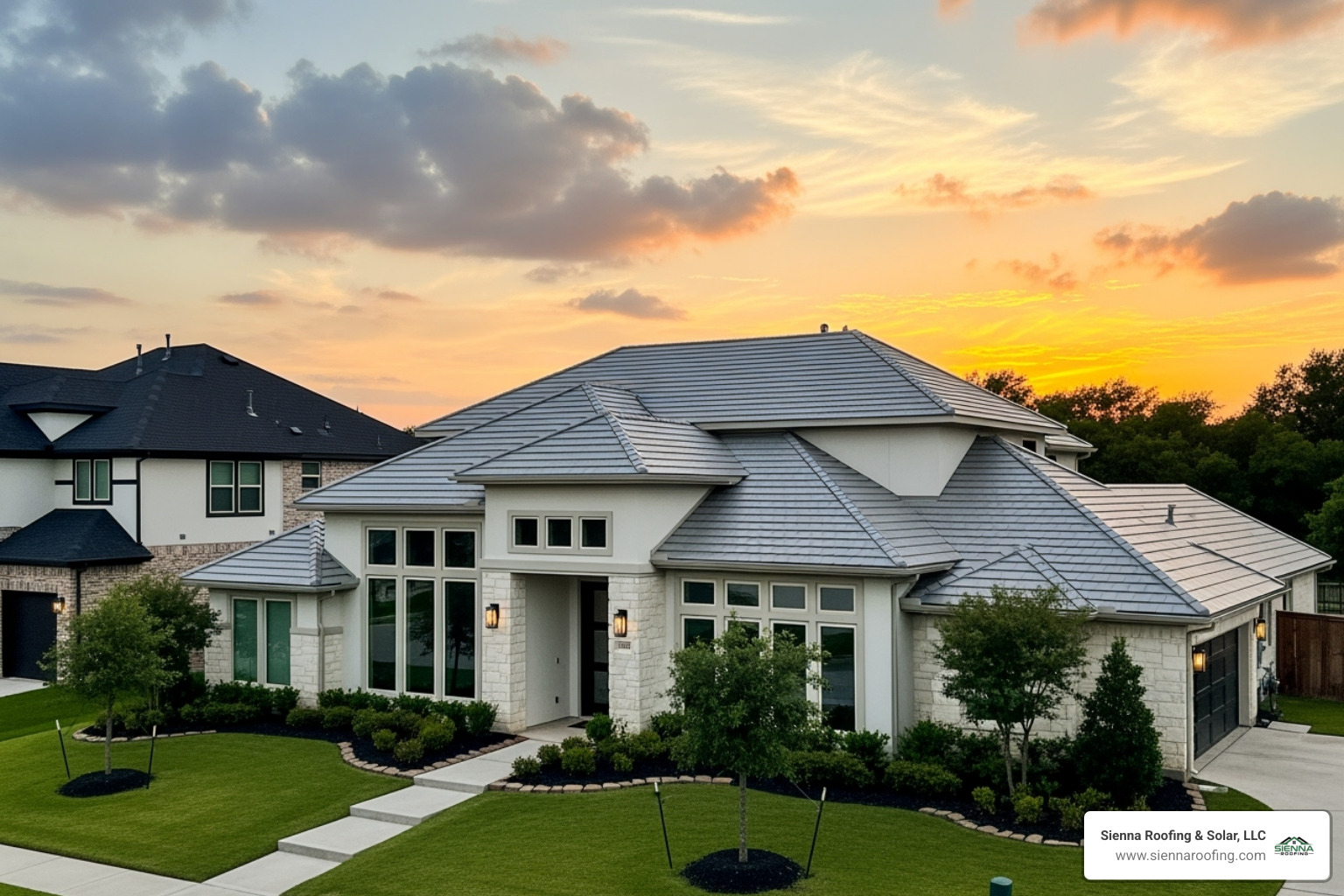 beautiful, newly installed roof on a Sugar Land home at sunset - sugar land storm roof damage replacement