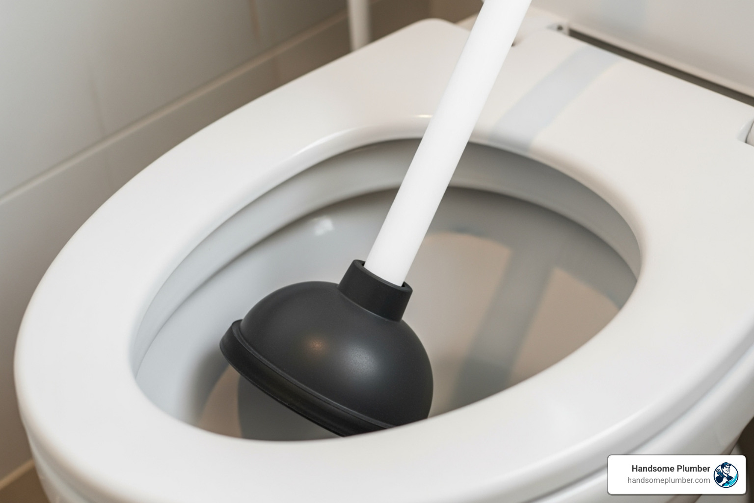 flange plunger next to a toilet - clogged toilet bowl full of water