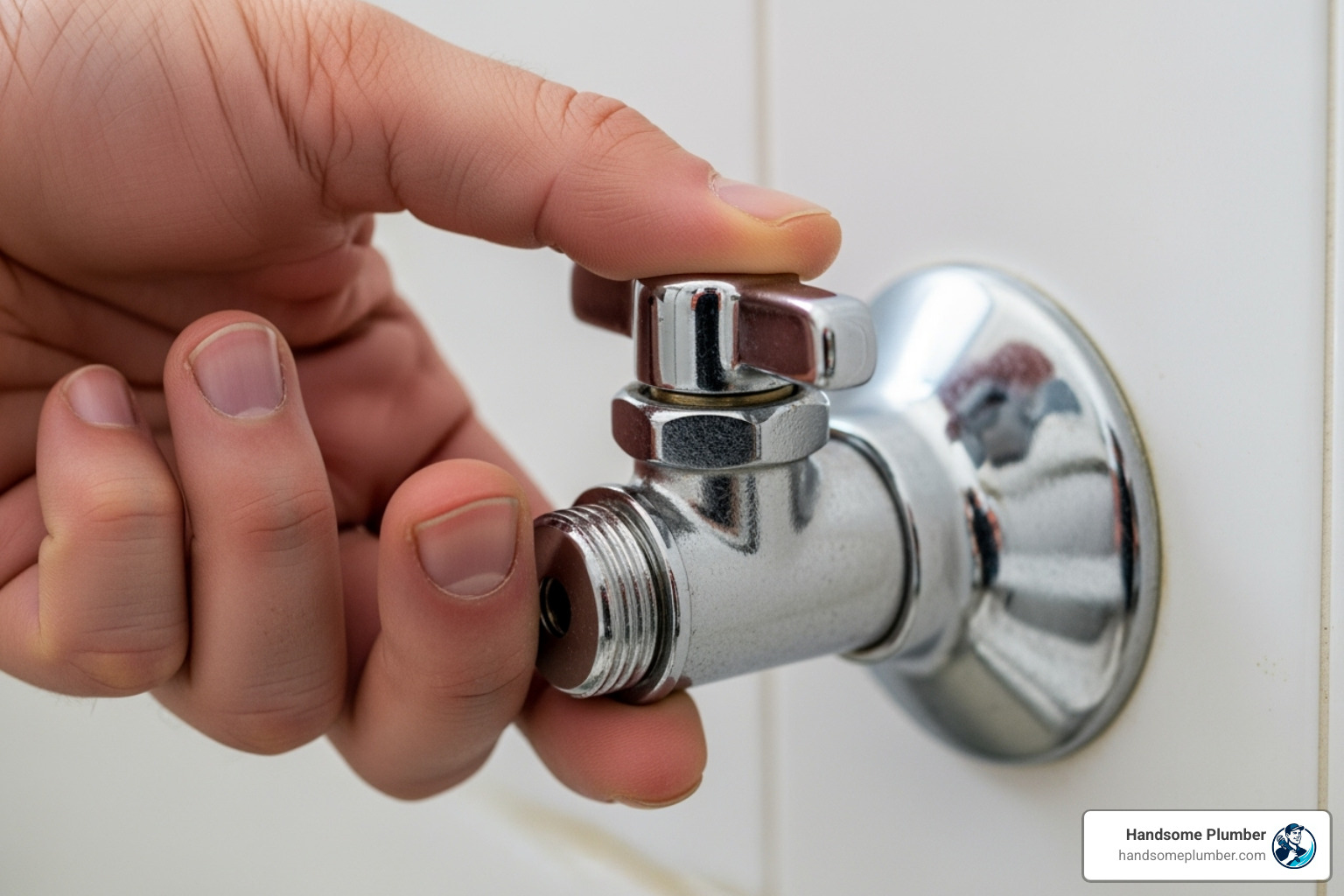 hand turning toilet's water shut-off valve - clogged toilet bowl full of water