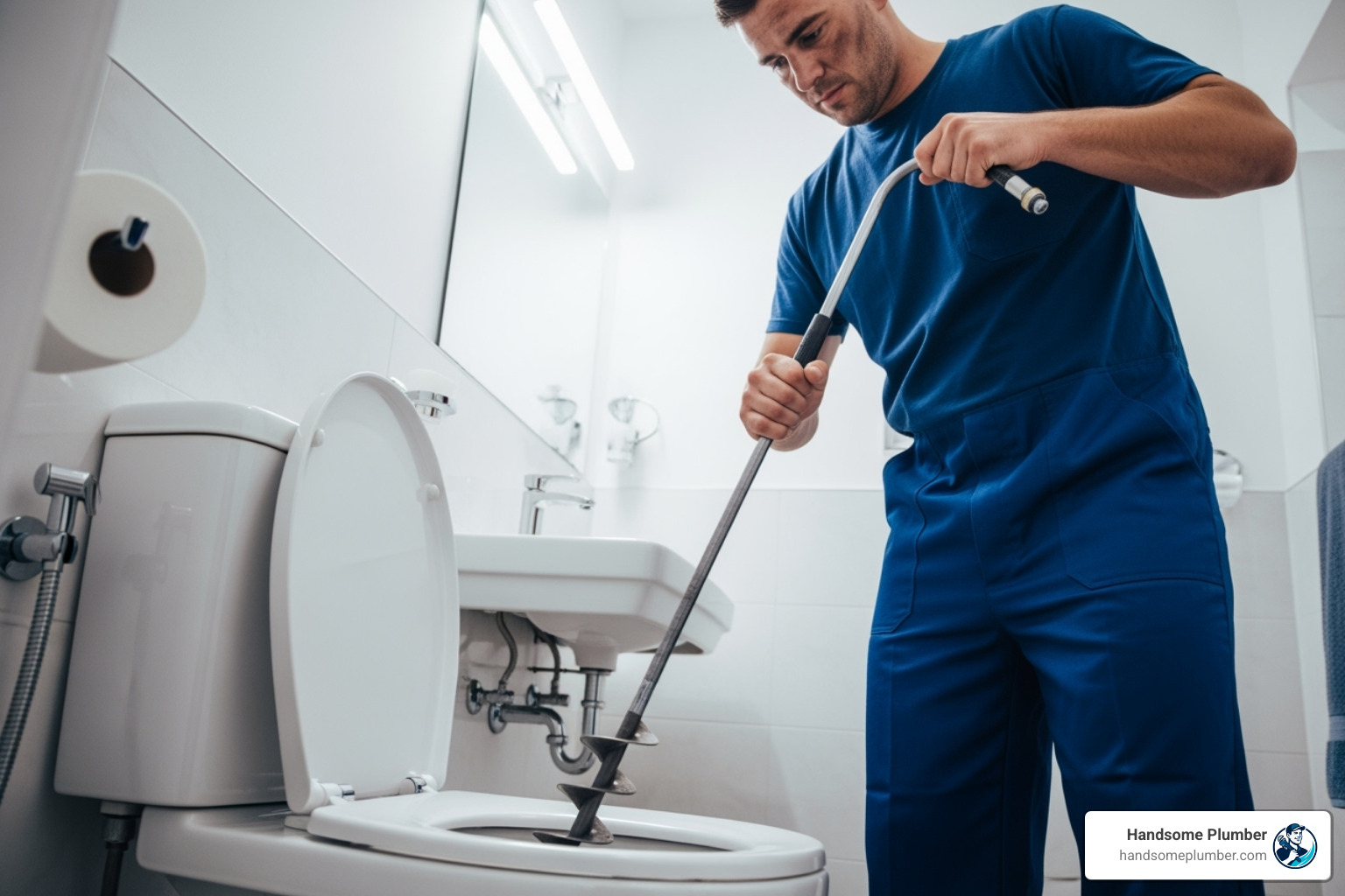 professional plumber using a toilet auger - clogged toilet bowl full of water