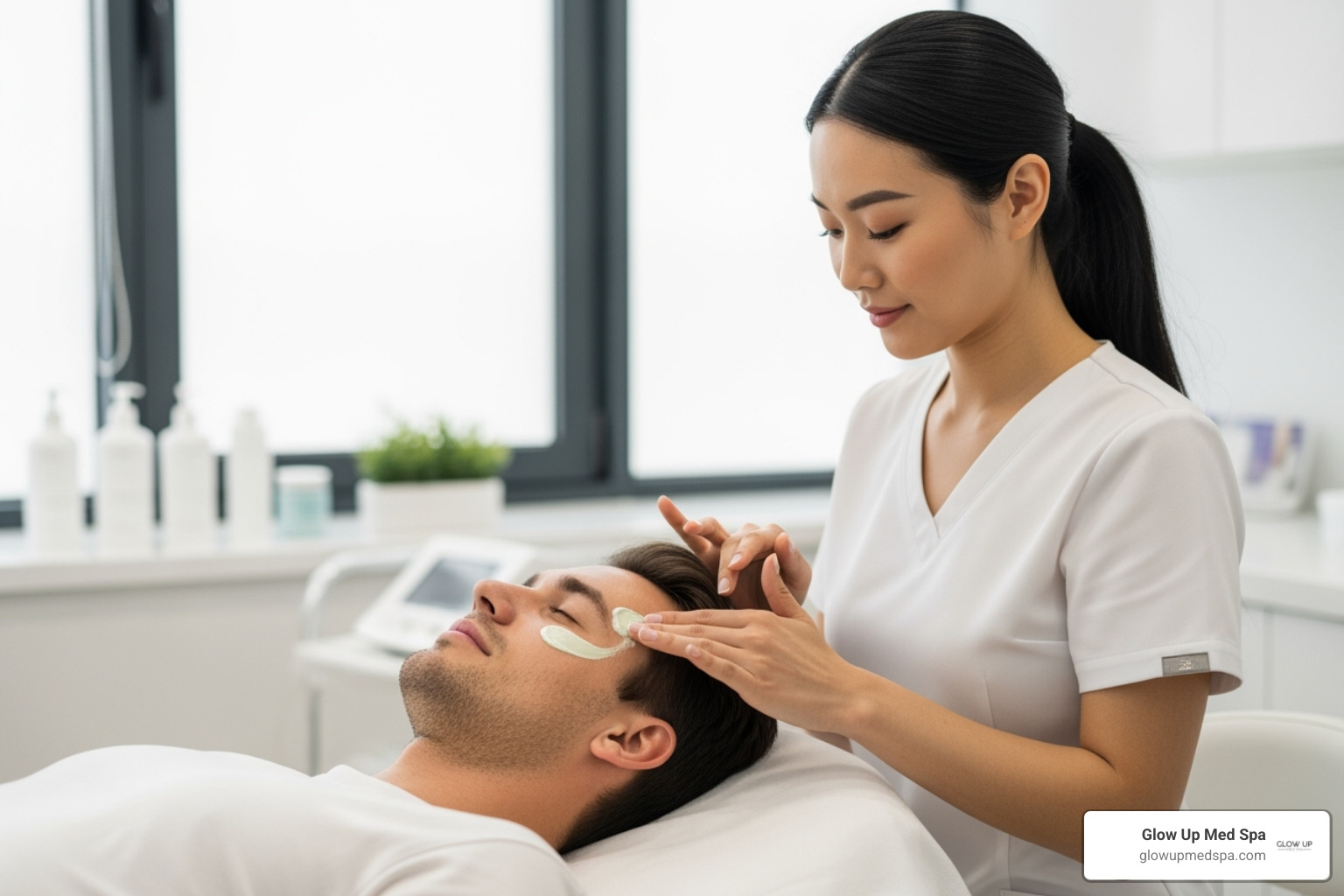 Male client receiving a facial treatment - Med spa for men