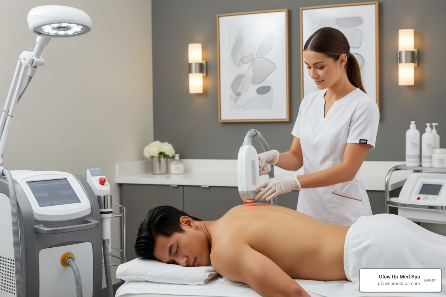 Laser hair removal device being used on a man's back - Med spa for men