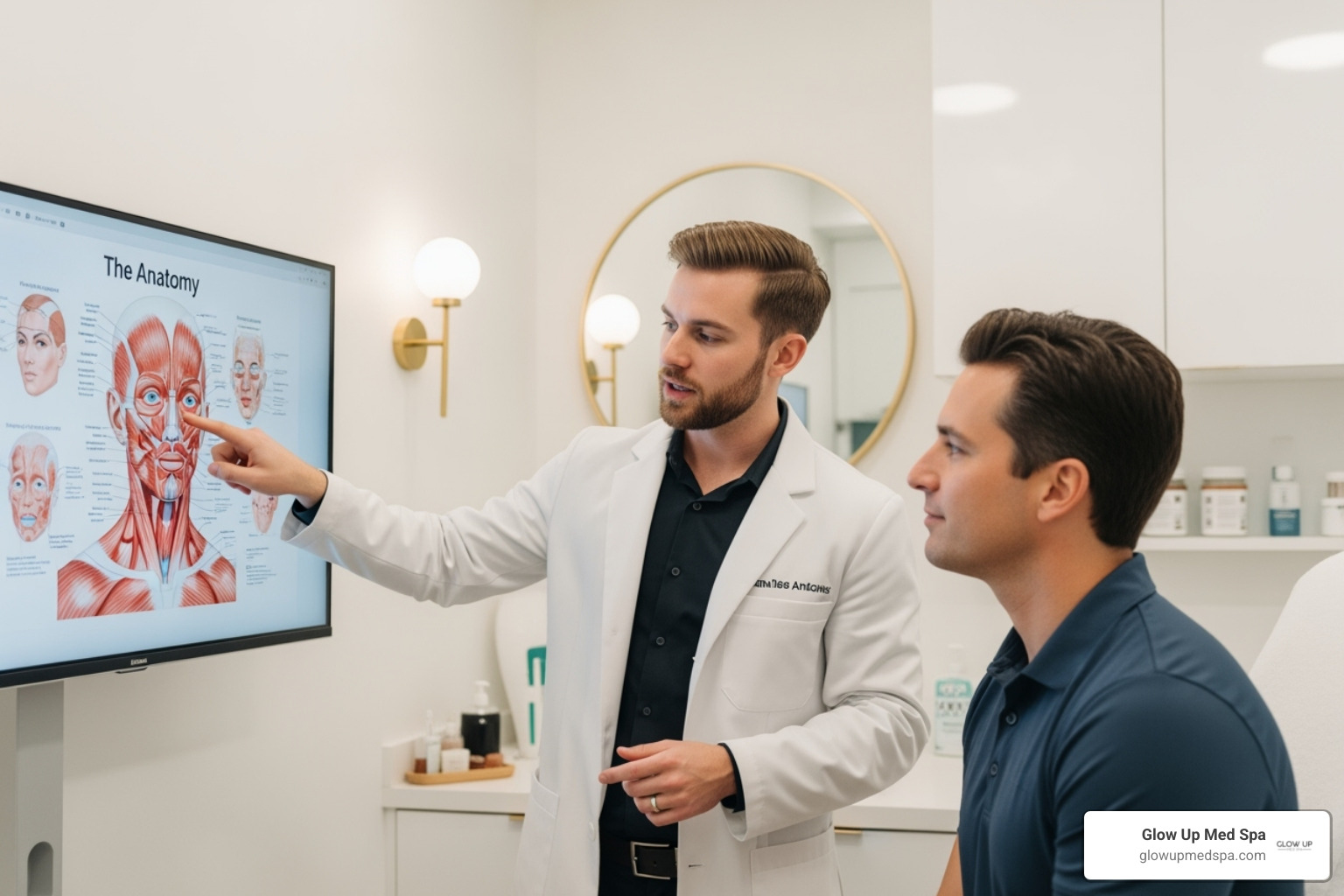 Practitioner discussing facial anatomy with a male client, pointing to a diagram - Med spa for men
