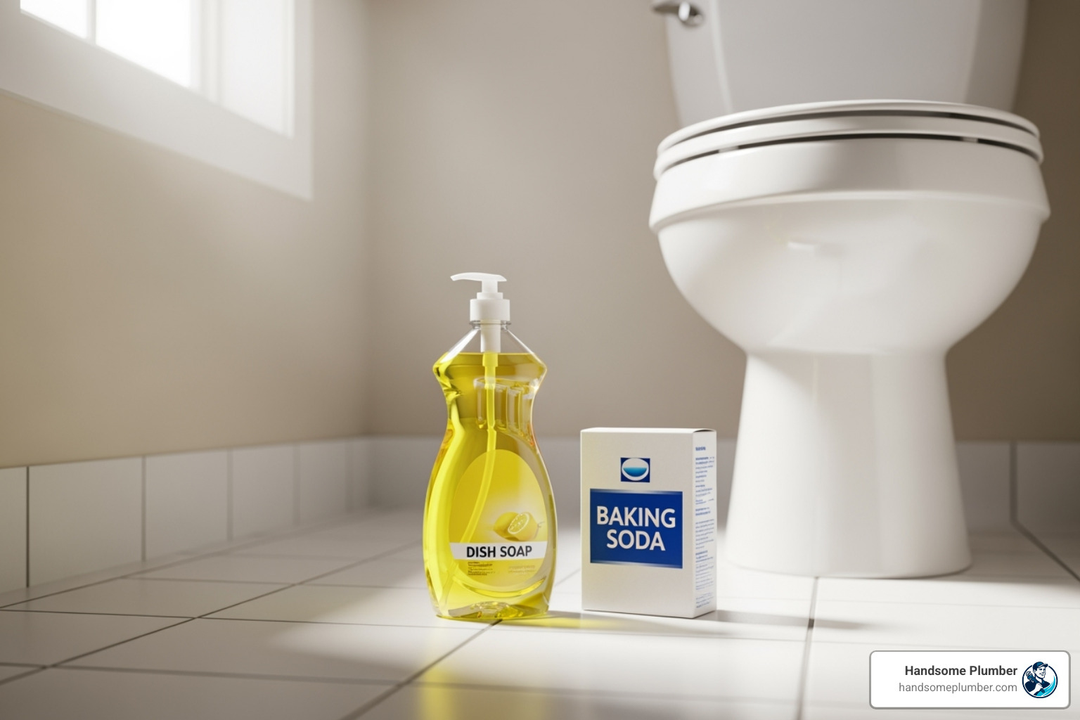 household items like dish soap and baking soda next to a toilet - clogged toilet bowl full of water