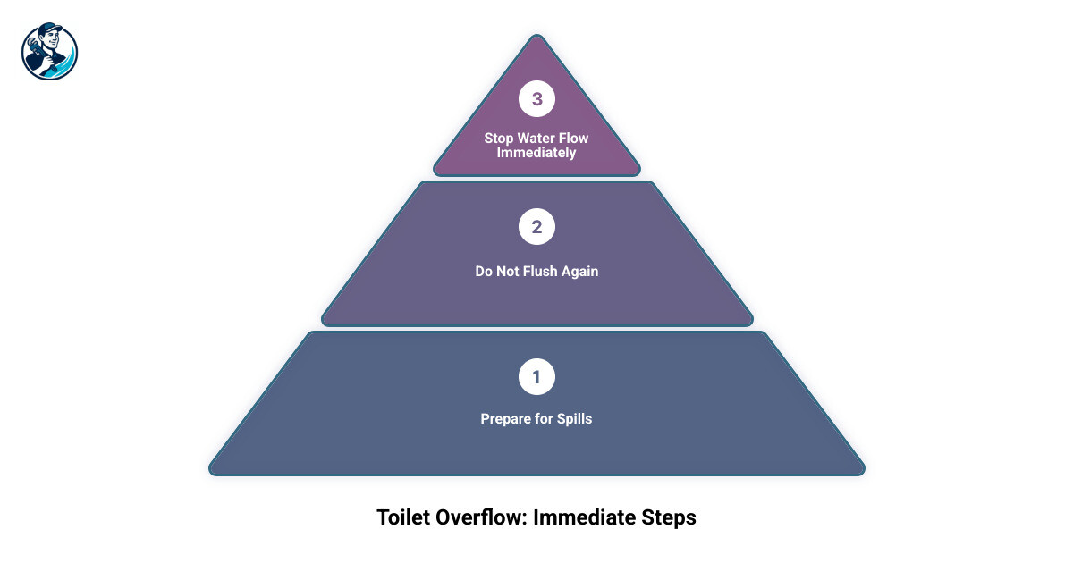 Infographic detailing 3 immediate steps to prevent a toilet overflow: 1. Stop water flow using flapper or shut-off valve. 2. Do not flush again. 3. Place towels to absorb spills. - clogged toilet bowl full of water infographic 3_stage_pyramid