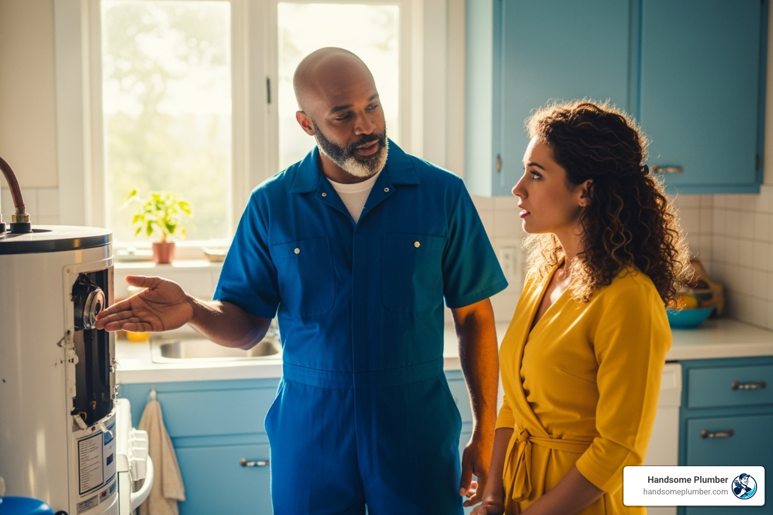 plumber explaining repair to homeowner - same day plumber