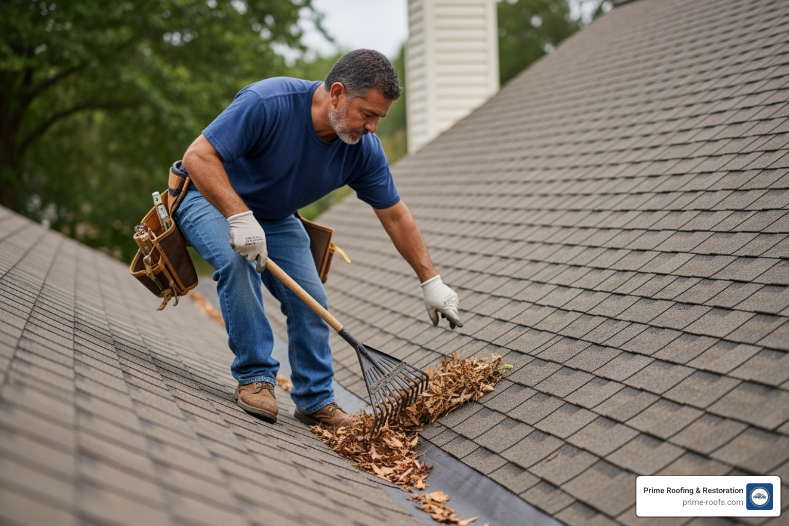 Image of a roofer clearing debris from a roof valley - Roof repair Alabaster