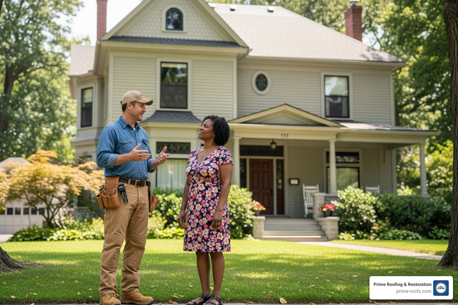 Image of a friendly, professional roofer talking with a homeowner - Roof repair Alabaster
