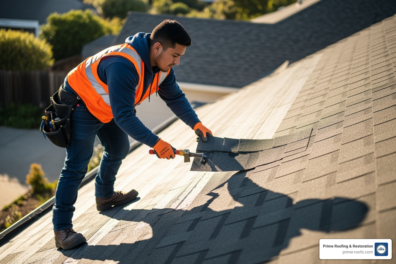 Image of a roofer carefully replacing an asphalt shingle - Roof repair Alabaster