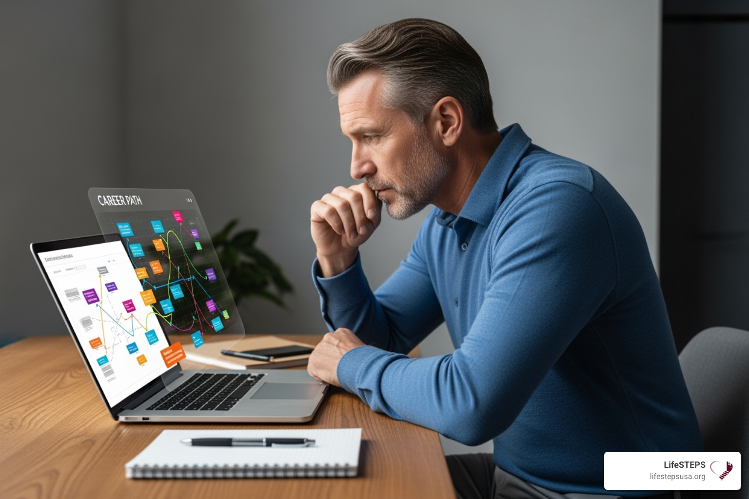 person exploring a career path diagram on a computer screen - focus career center